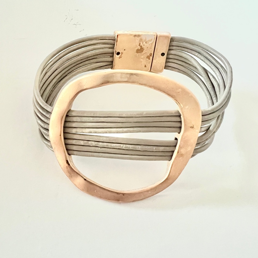 Open Oval matte gold Taupe Magnetic statement Bracelet  Multi-Strand Leather 7"